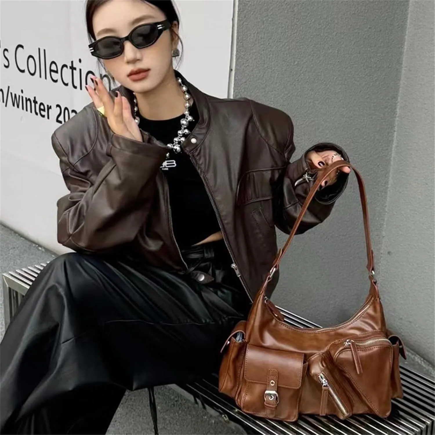 Y2k Shoulder Bag for Women, PU Leather Vintage Underarm Bag with Mirror, Multi-Pockets Goth Purse