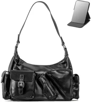 Y2k Shoulder Bag for Women, PU Leather Vintage Underarm Bag with Mirror, Multi-Pockets Goth Purse