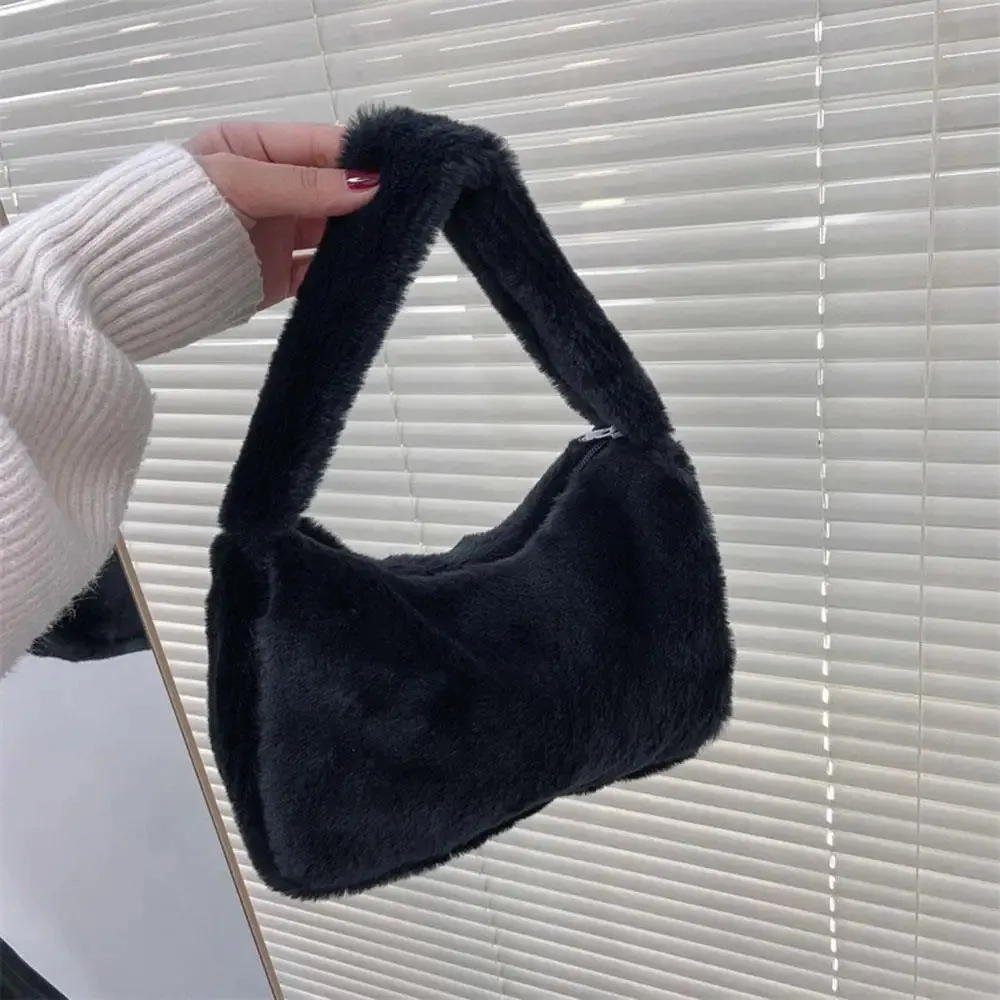 Y2K Soft Fur Shoulder Bag For Women Plush Handbags Solid Color Shoulder Underarm Bag For Girls Hobos Handbag Purse Bolsa Mujer