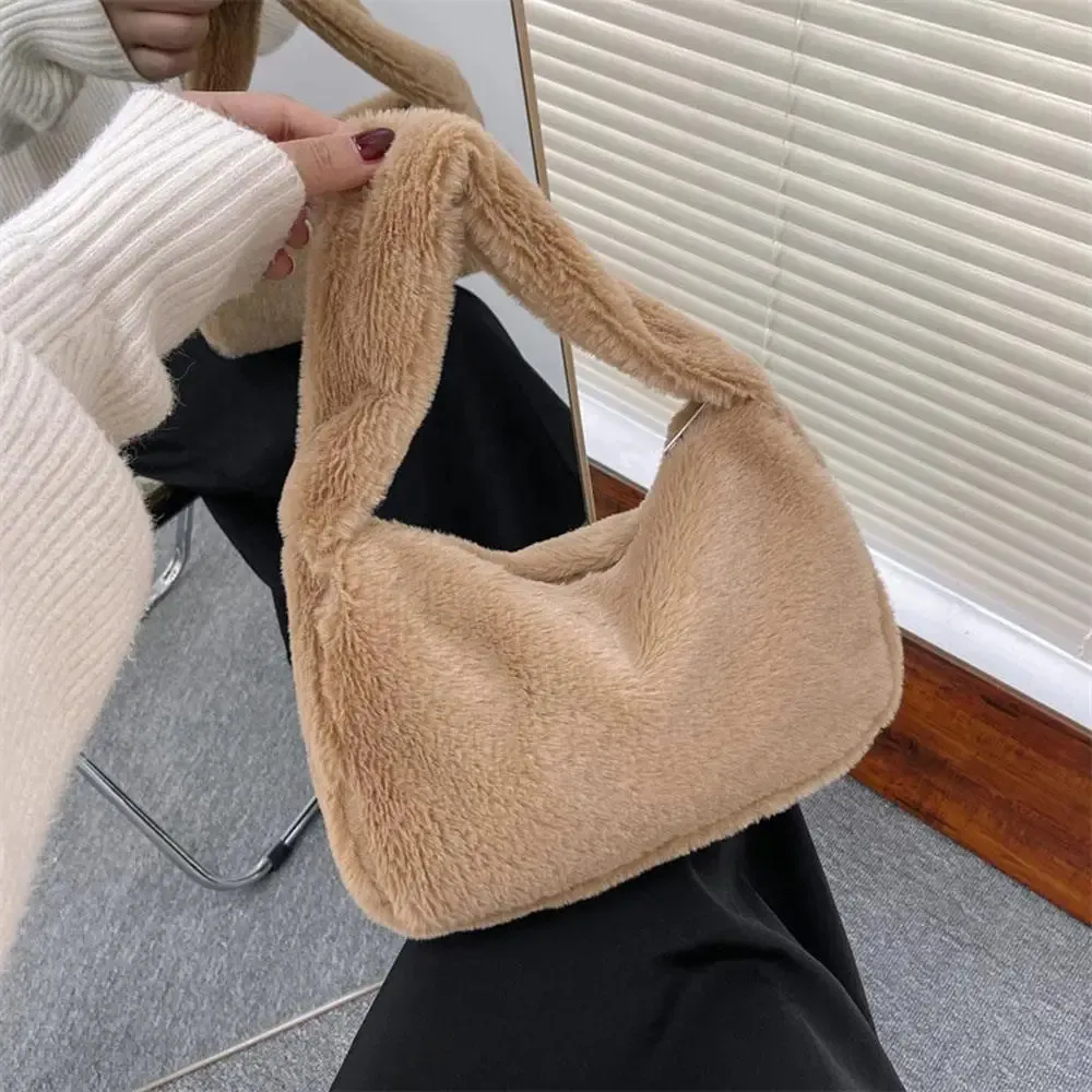 Y2K Soft Fur Shoulder Bag For Women Plush Handbags Solid Color Shoulder Underarm Bag For Girls Hobos Handbag Purse Bolsa Mujer