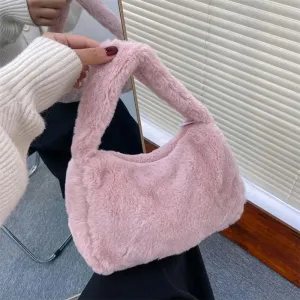 Y2K Soft Fur Shoulder Bag For Women Plush Handbags Solid Color Shoulder Underarm Bag For Girls Hobos Handbag Purse Bolsa Mujer