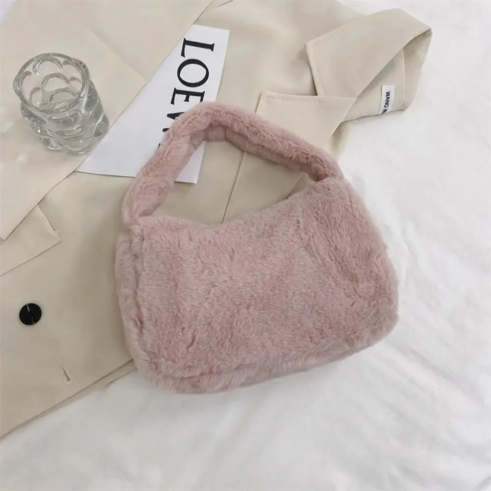Y2K Soft Fur Shoulder Bag For Women Plush Handbags Solid Color Shoulder Underarm Bag For Girls Hobos Handbag Purse Bolsa Mujer