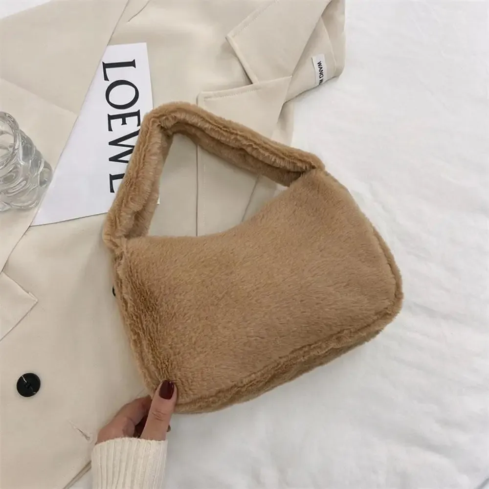 Y2K Soft Fur Shoulder Bag For Women Plush Handbags Solid Color Shoulder Underarm Bag For Girls Hobos Handbag Purse Bolsa Mujer