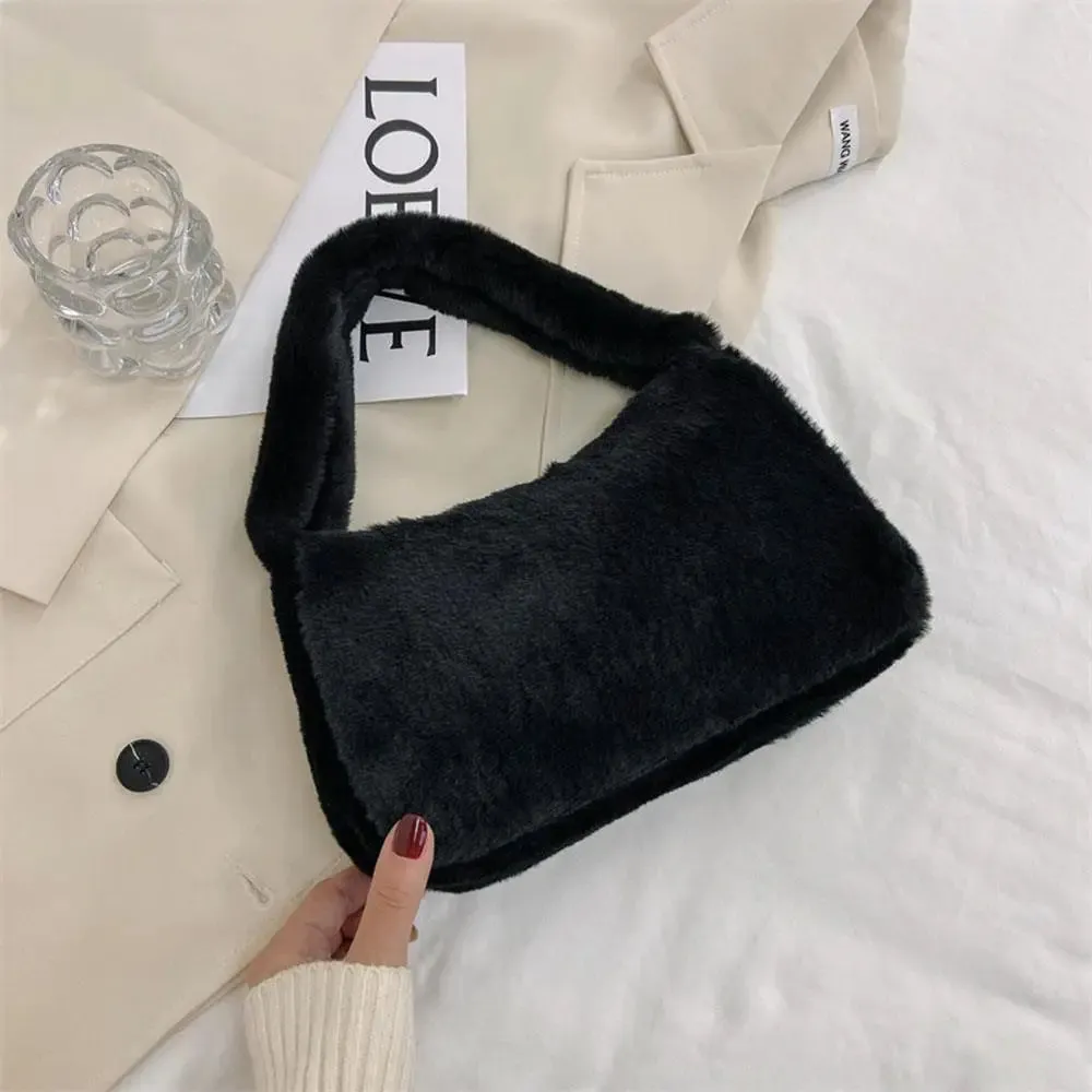 Y2K Soft Fur Shoulder Bag For Women Plush Handbags Solid Color Shoulder Underarm Bag For Girls Hobos Handbag Purse Bolsa Mujer