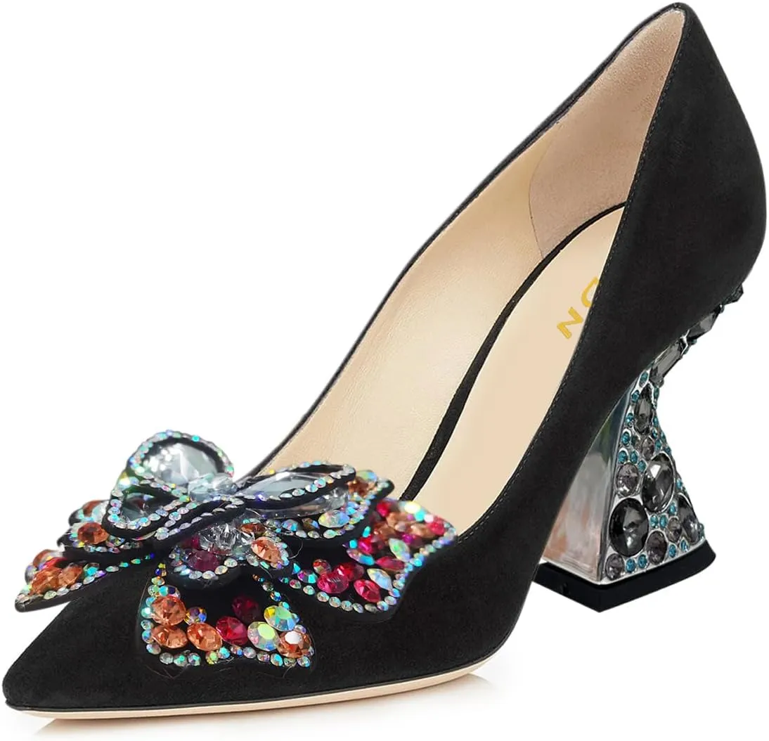 YDN Women Butterfly Pumps Colorful Crystal High Heels Studded Slip On Closed Pointed Toe Dress Shoe Wedding Party Size 4-16 US