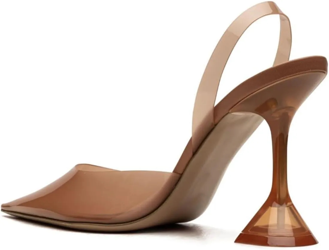 YDN Women Transparent Pumps Slingback Slip On Wineglass Slim High Heels Closed Pointed Toe Dress Shoes Dating Wedding Size 4-16 US
