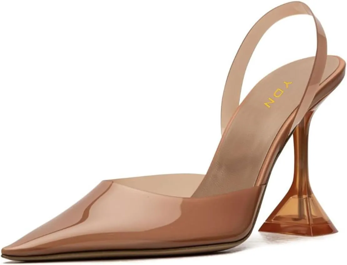 YDN Women Transparent Pumps Slingback Slip On Wineglass Slim High Heels Closed Pointed Toe Dress Shoes Dating Wedding Size 4-16 US