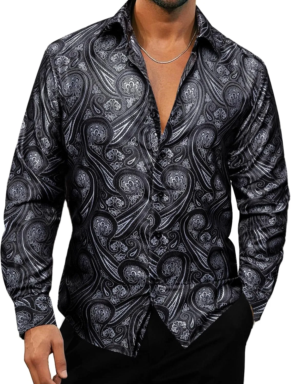 YOHOWA Men's Paisley Shirt Silk Jacquard Dress Long Sleeve Button Down Shirts Casual Mexico Western Disco Party Wedding Prom