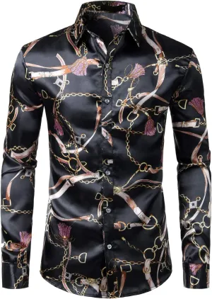 ZEROYAA Men's Hipster Fitted Silk Like Satin Dress Shirt Long Sleeve Button Down Printed Shirt for Party Prom
