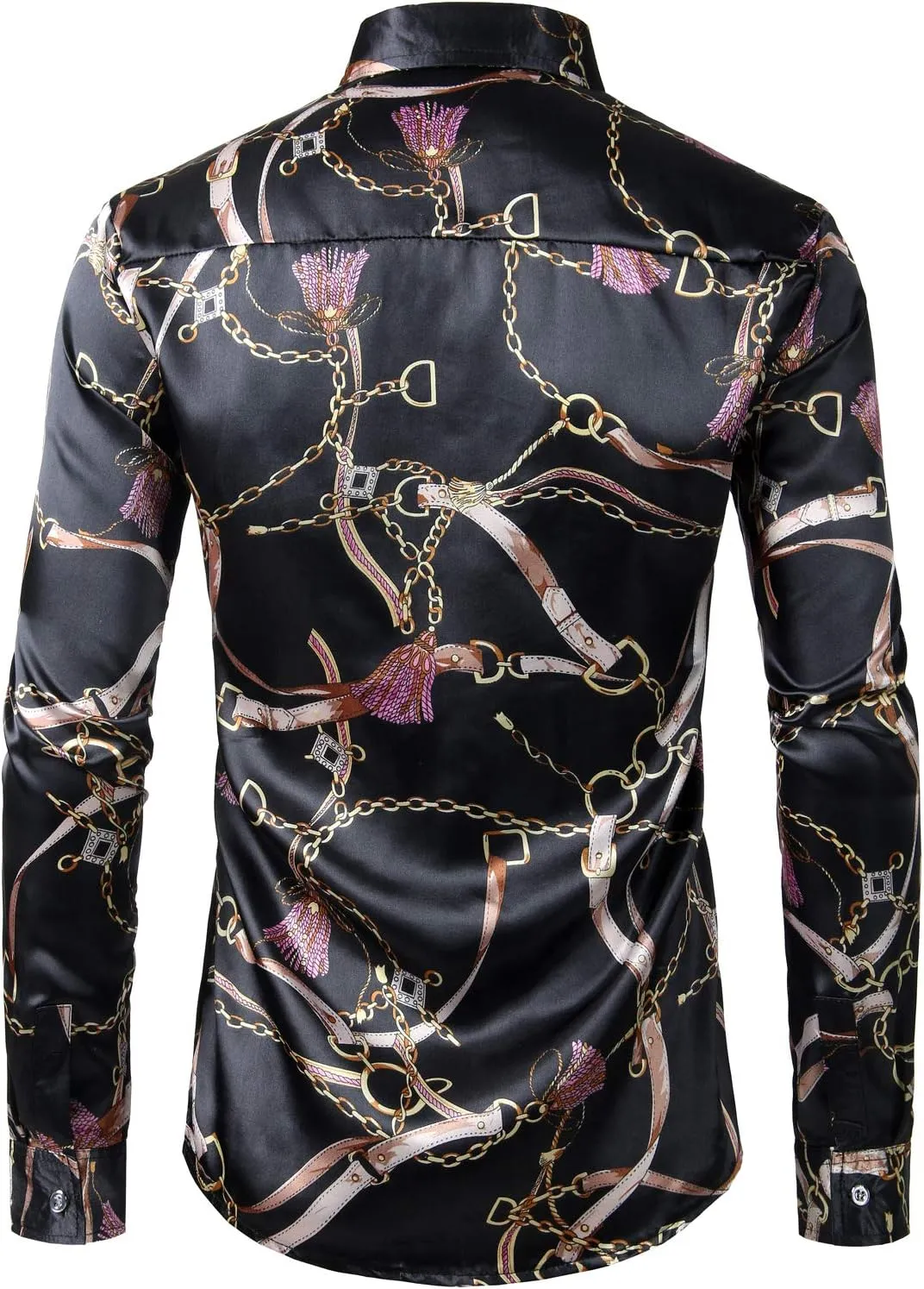 ZEROYAA Men's Hipster Fitted Silk Like Satin Dress Shirt Long Sleeve Button Down Printed Shirt for Party Prom