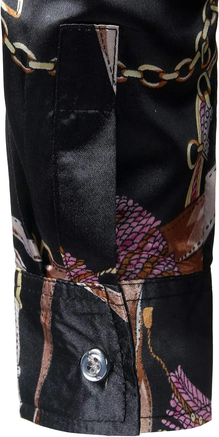 ZEROYAA Men's Hipster Fitted Silk Like Satin Dress Shirt Long Sleeve Button Down Printed Shirt for Party Prom