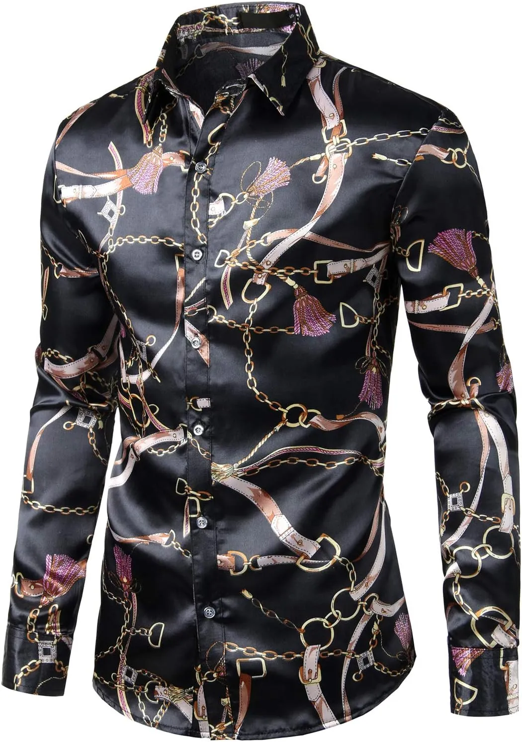 ZEROYAA Men's Hipster Fitted Silk Like Satin Dress Shirt Long Sleeve Button Down Printed Shirt for Party Prom