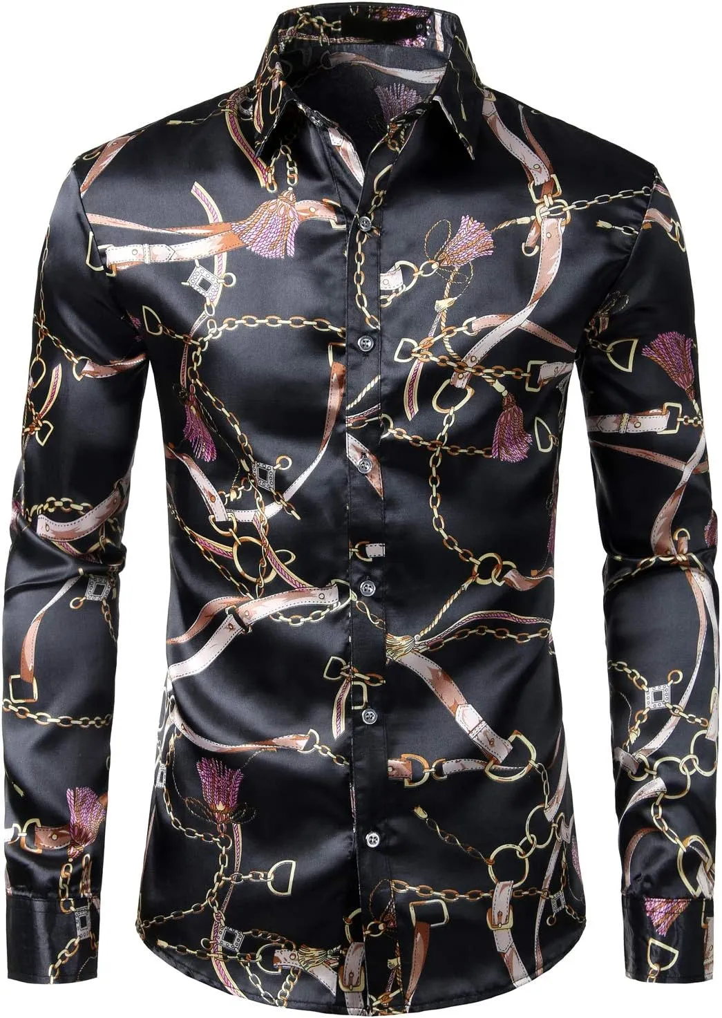 ZEROYAA Men's Hipster Fitted Silk Like Satin Dress Shirt Long Sleeve Button Down Printed Shirt for Party Prom