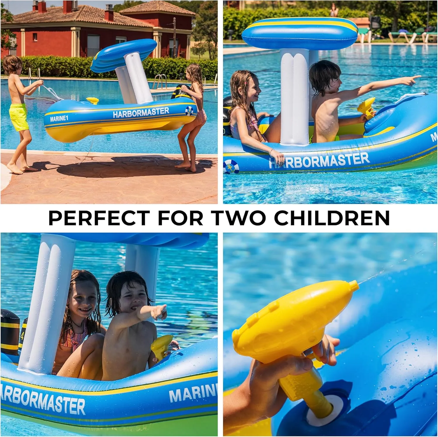 Zone Tech Boat Inflatable Pool Floats Kids, Toddler Harbor Master Patrol Inflatable Boat Pool Float Ride On, Fun Water Toy Squirter Pool Toy, Rescue Theme Pool Raft for Boys, Girl