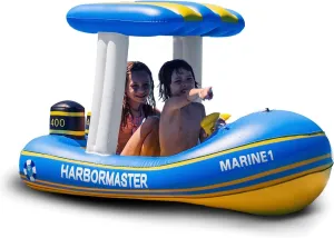 Zone Tech Boat Inflatable Pool Floats Kids, Toddler Harbor Master Patrol Inflatable Boat Pool Float Ride On, Fun Water Toy Squirter Pool Toy, Rescue Theme Pool Raft for Boys, Girl
